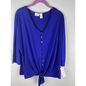 Kim Rogers Royal Blue Button Front Tie Hem Top XL NWT Career Blouse